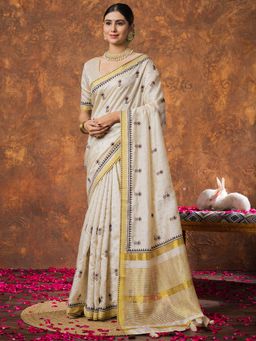 Sareemall - Women Linen Cream Woven Design Designer Saree with Unstitched Blouse