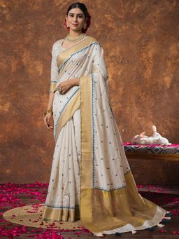 Sareemall - Women Linen Cream Woven Design Designer Saree with Unstitched Blouse