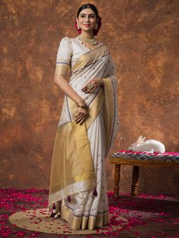 Sareemall - Women Linen Cream Woven Design Designer Saree with Unstitched Blouse