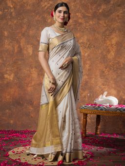 Sareemall - Women Linen Cream Woven Design Designer Saree with Unstitched Blouse