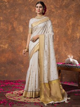 Sareemall - Women Linen Cream Woven Design Designer Saree with Unstitched Blouse