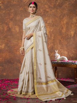 Sareemall - Women Linen Cream Woven Design Designer Saree with Unstitched Blouse