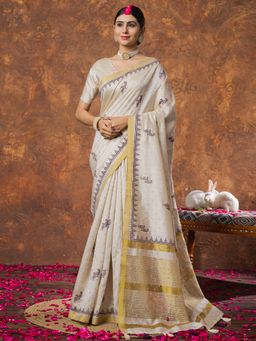 Sareemall - Women Linen Cream Woven Design Designer Saree with Unstitched Blouse