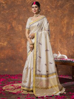 Sareemall - Women Linen Cream Woven Design Designer Saree with Unstitched Blouse