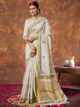 Sareemall - Women Linen Cream Woven Design Designer Saree with Unstitched Blouse