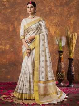 Sareemall - Women Linen Cream Woven Design Designer Saree with Unstitched Blouse