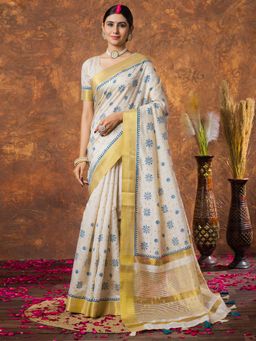 Sareemall - Women Linen Cream Woven Design Designer Saree with Unstitched Blouse