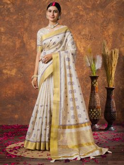 Sareemall - Women Linen Cream Woven Design Designer Saree with Unstitched Blouse