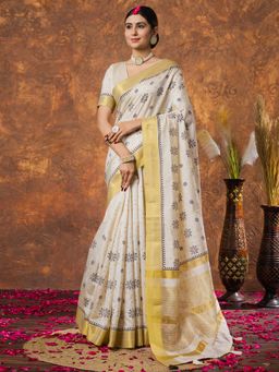 Sareemall - Women Linen Cream Woven Design Designer Saree with Unstitched Blouse