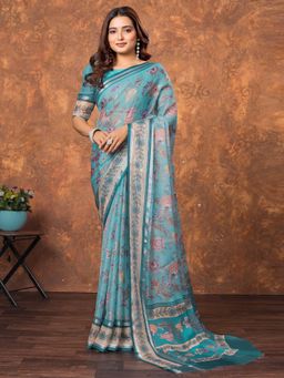 Akhilam - Women Chiffon Light Blue Printed Designer Saree with Unstitched Blouse
