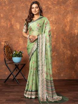 Akhilam - Women Chiffon Light Green Printed Designer Saree with Unstitched Blouse