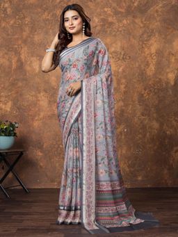 Akhilam - Women Chiffon Grey Printed Designer Saree with Unstitched Blouse