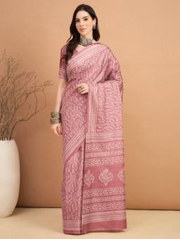 Akhilam - Women Dola Silk Rose Gold Printed Saree with Unstitched Blouse