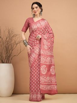 Akhilam - Women Dola Silk Rose Gold Printed Saree with Unstitched Blouse