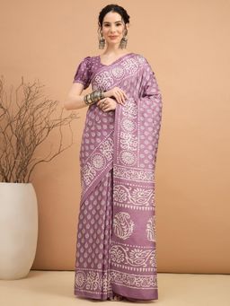 Akhilam - Women Dola Silk Mauve Printed Saree with Unstitched Blouse