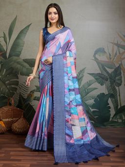 Akhilam - Women Tussar Silk Navy Blue Printed Saree with Unstitched Blouse