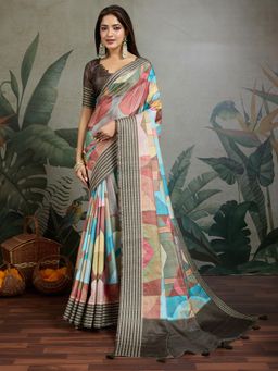 Akhilam - Women Tussar Silk Multi Color Printed Saree with Unstitched Blouse