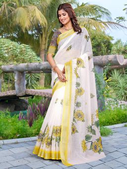 Akhilam - Women Cotton Linen White Digital Print Saree with Unstitched Blouse