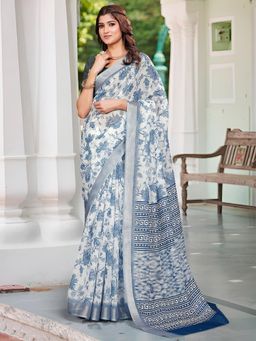Akhilam - Women Cotton Linen Off-White Digital Print Designer Saree with Unstitched Blouse