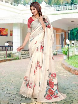 Akhilam - Women Cotton Linen Cream Digital Print Designer Saree with Unstitched Blouse