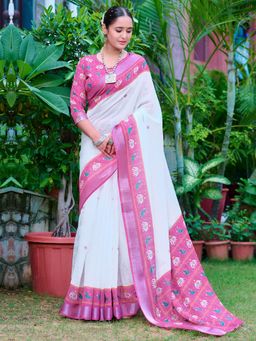 Akhilam - Women Cotton Linen White Digital Print Designer Saree with Unstitched Blouse