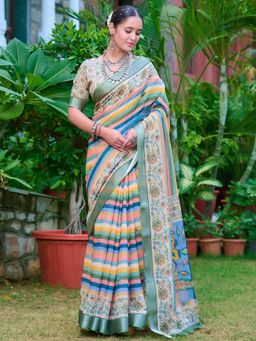 Akhilam - Women Cotton Linen Multi-Color Digital Print Saree with Unstitched Blouse
