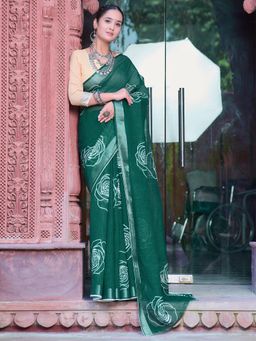 Akhilam - Women Cotton Linen Green Digital Print Designer Saree with Unstitched Blouse