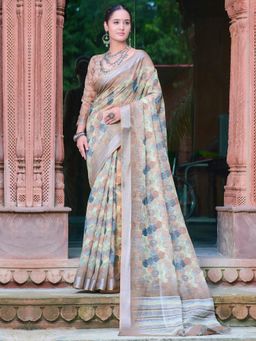 Akhilam - Women Cotton Linen Yellow Digital Print Designer Saree with Unstitched Blouse