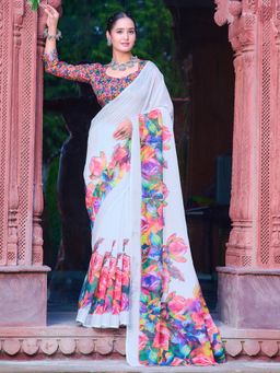 Akhilam - Women Cotton Linen White Digital Print Saree with Unstitched Blouse