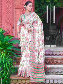 Akhilam - Women Cotton Linen Off-White Digital Print Saree with Unstitched Blouse