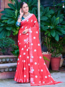 Akhilam - Women Cotton Linen Red Digital Print Saree with Unstitched Blouse