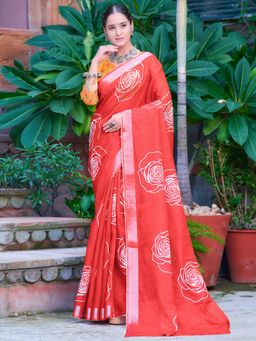 Akhilam - Women Cotton Linen Red Digital Print Saree with Unstitched Blouse