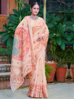 Akhilam - Women Cotton Linen Yellow Digital Print Saree with Unstitched Blouse