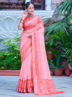 Akhilam - Women Cotton Linen Pink Digital Print Saree with Unstitched Blouse