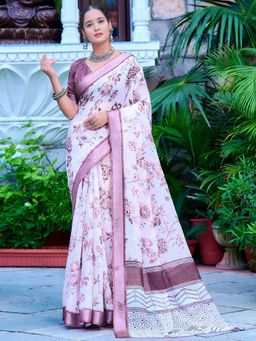 Akhilam - Women Cotton Linen White Digital Print Saree with Unstitched Blouse