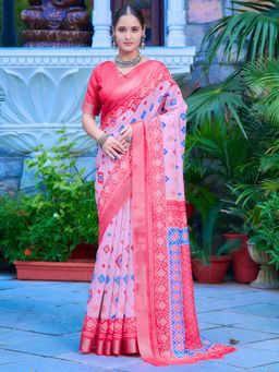 Akhilam - Women Cotton Linen Pink Digital Print Designer Saree with Unstitched Blouse