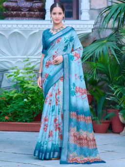 Akhilam - Women Cotton Linen Light Blue Digital Print Saree with Unstitched Blouse