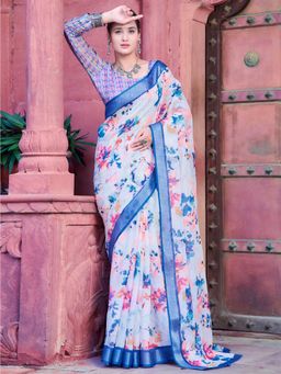 Akhilam - Women Cotton Linen White Digital Print Saree with Unstitched Blouse