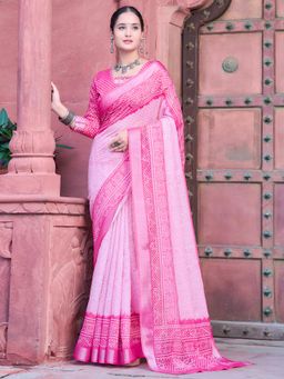 Akhilam - Women Cotton Linen Pink Digital Print Designer Saree with Unstitched Blouse
