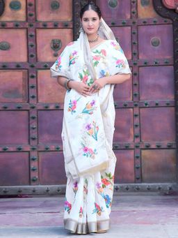 Akhilam - Women Cotton Linen White Digital Print Designer Saree with Unstitched Blouse