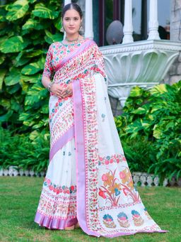 Akhilam - Women Cotton Linen White Digital Print Saree with Unstitched Blouse