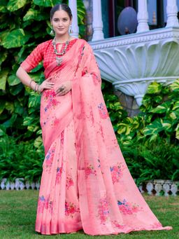 Akhilam - Women Cotton Linen Pink Digital Print Designer Saree with Unstitched Blouse