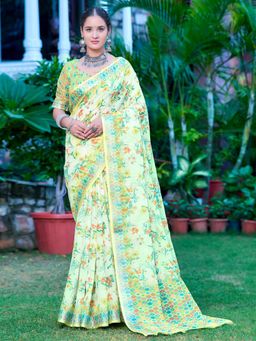 Akhilam - Women Cotton Linen Light Green Digital Print Saree with Unstitched Blouse