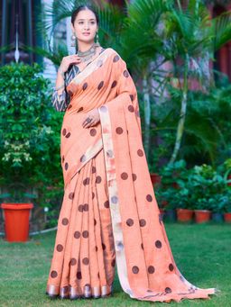 Akhilam - Women Cotton Linen Orange Digital Print Saree with Unstitched Blouse