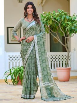 Akhilam - Women Cotton Linen Green Digital Print Designer Saree with Unstitched Blouse
