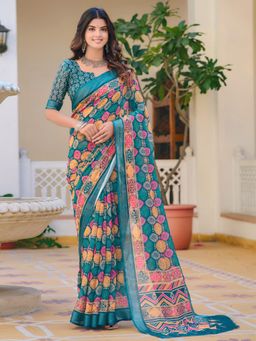 Akhilam - Women Cotton Linen Teal Blue Digital Print Saree with Unstitched Blouse