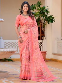 Akhilam - Women Cotton Linen Peach Digital Print Designer Saree with Unstitched Blouse