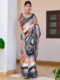 Akhilam - Women Cotton Linen Multi-Color Digital Print Saree with Unstitched Blouse