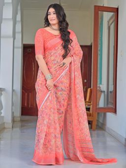 Akhilam - Women Cotton Linen Peach Digital Print Designer Saree with Unstitched Blouse