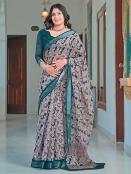 Akhilam - Women Cotton Linen Purple Digital Print Saree with Unstitched Blouse